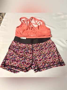 Victoria's Secret Coral Strappy Sports Bra with Multicolor Geometric Shorts